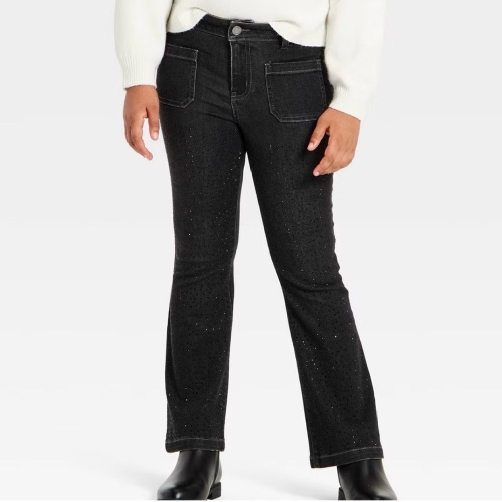 NWT Cat & Jack Girls Rhinestone Flare Jeans- Black Wash Size 14